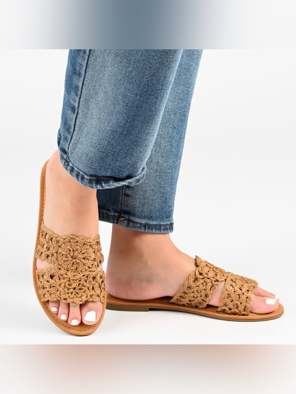 👙Journee Collection Lissia 7.5 brown crochet Slip-on Slide Flat Sandals NIB VHTF